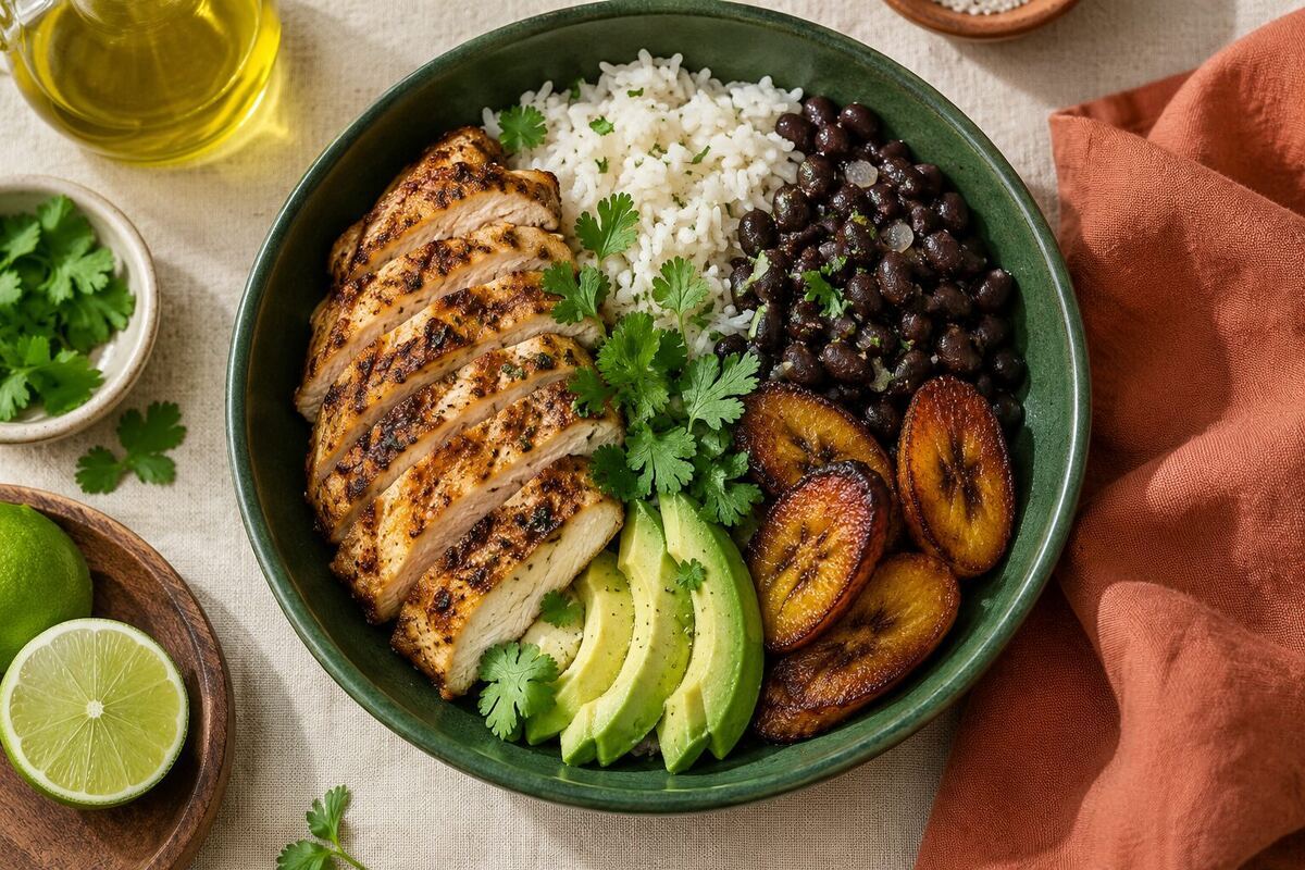 Latin-style chicken, rice, beans and sweet plantains